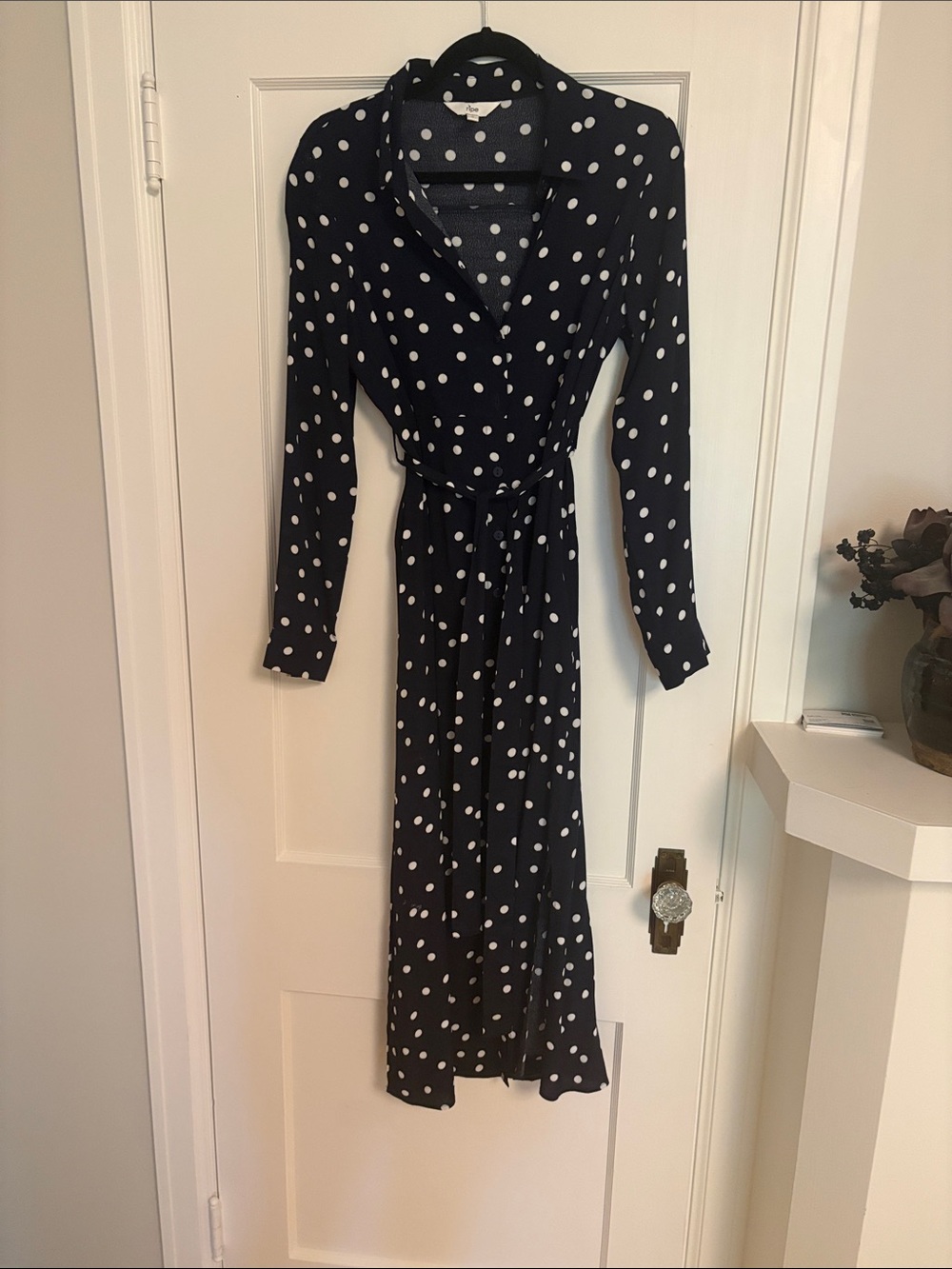 Polka Dot Wrap Midi Dress - Navy & White